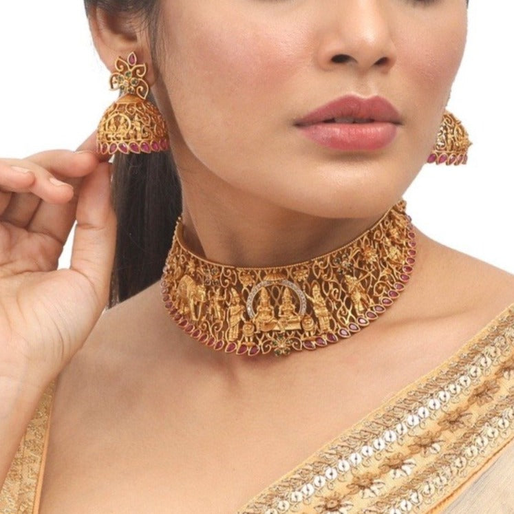 Rounded Festive Wear Indian Gold Necklace And Drop Earrings Set, 20-38gm at  Rs 220000/set in Chikhli